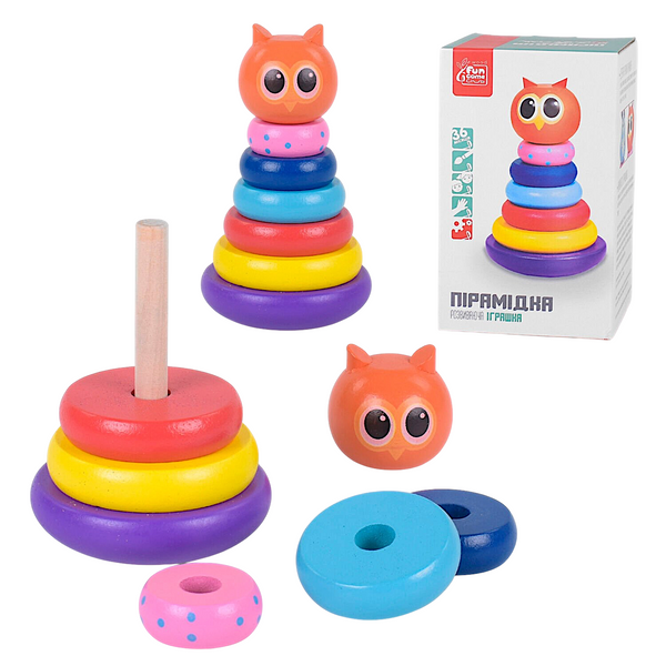 Деревянная пирамидка 4FUN Game Club Wood 91552 Сова, неваляшка, 5 колец, в коробке 114347 фото