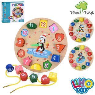 Деревянная игрушка TREE TOYS MD 0766 Часы, рамка-вкладыш,фигуры-цифры,шнуровка, в коробке 114826 фото